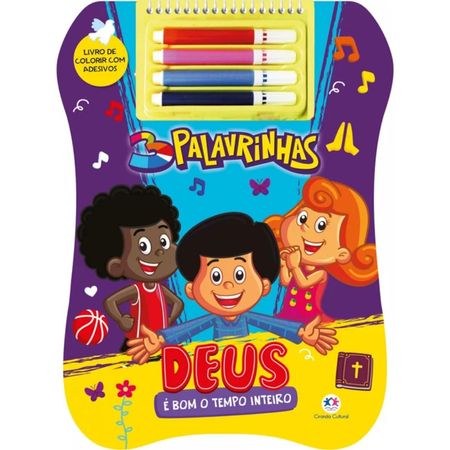 Livro-de-Colorir-com-Adesivos--3-Palavrinhas---Deus-e-Bom-o-Tempo-Inteiro